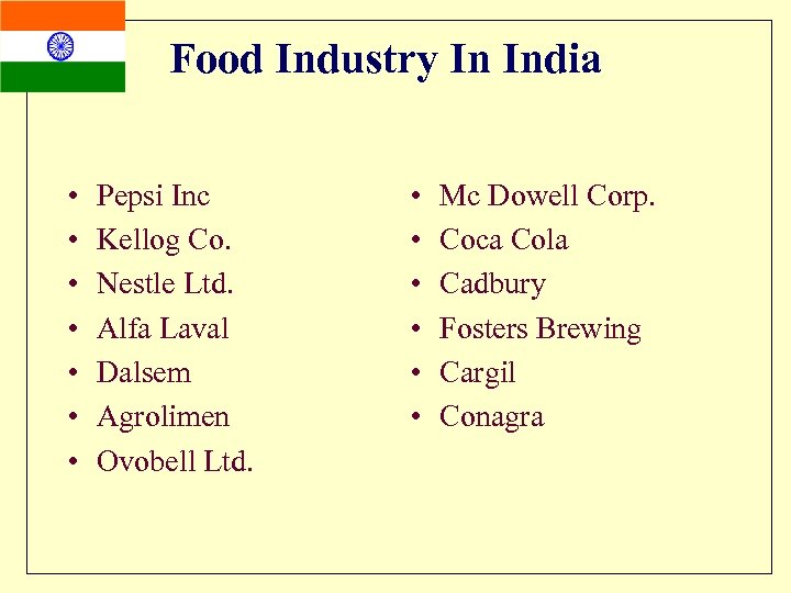 Food Industry In India • • Pepsi Inc Kellog Co. Nestle Ltd. Alfa Laval