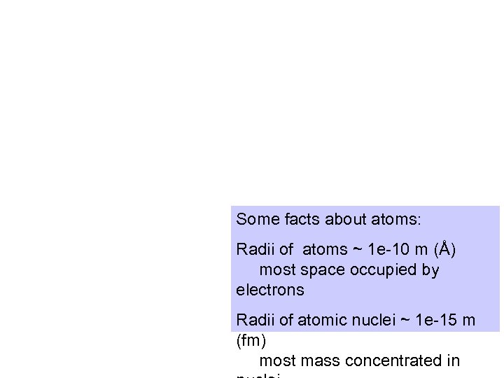 Some facts about atoms: Radii of atoms ~ 1 e-10 m (Å) most space