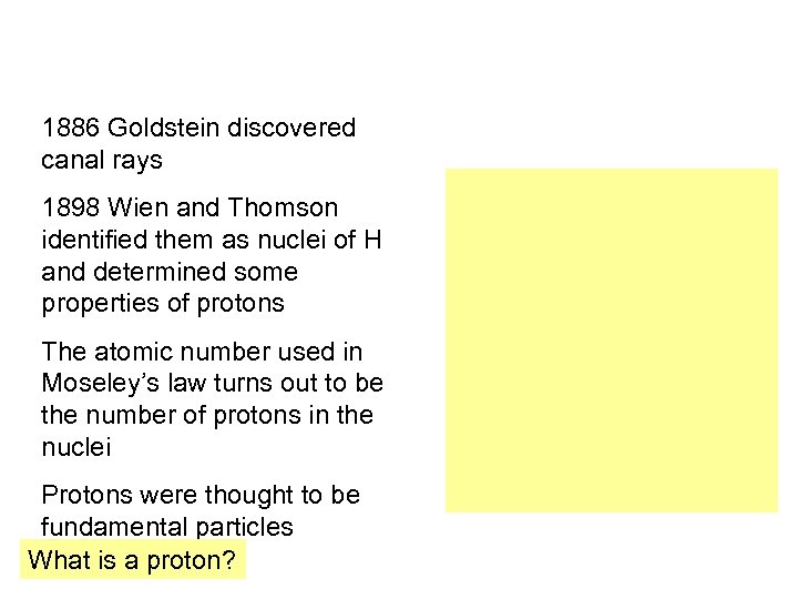 1886 Goldstein discovered canal rays 1898 Wien and Thomson identified them as nuclei of