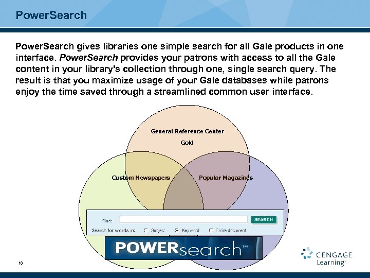 Power. Search gives libraries one simple search for all Gale products in one interface.
