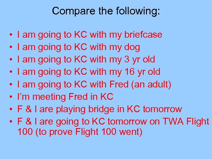 Compare the following: • • I am going to KC with my briefcase I