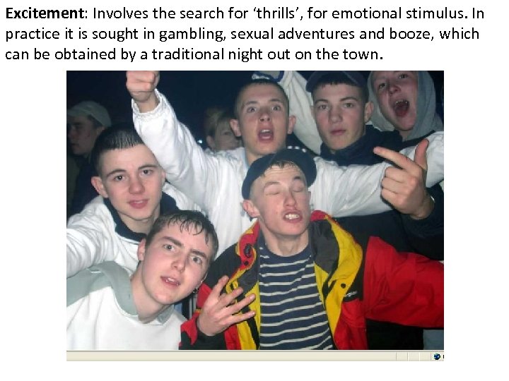 Excitement: Involves the search for ‘thrills’, for emotional stimulus. In practice it is sought