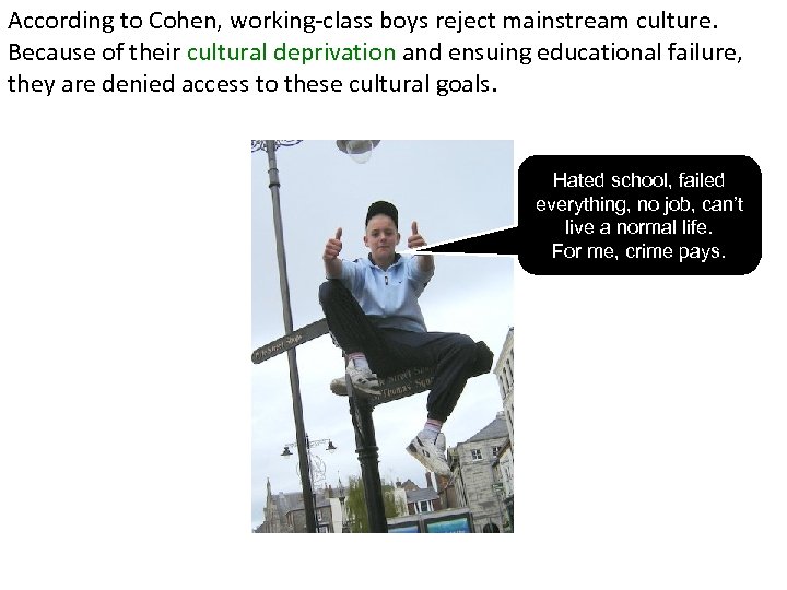 According to Cohen, working-class boys reject mainstream culture. Because of their cultural deprivation and