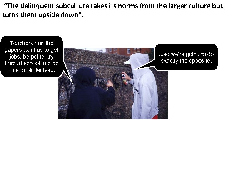 “The delinquent subculture takes its norms from the larger culture but turns them upside