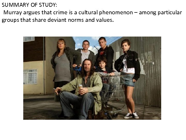 SUMMARY OF STUDY: Murray argues that crime is a cultural phenomenon – among particular
