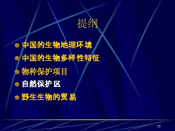 提纲 中国的生物地理环 境 中国的生物多样 性特征 物种保护项目 自然保护 区 野生生物的贸 易 75 