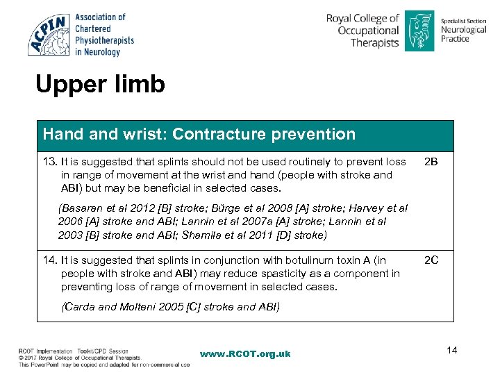 Upper limb Hand wrist: Contracture prevention 13. It is suggested that splints should not