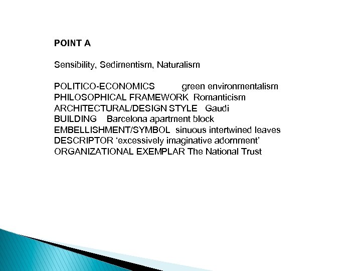 POINT A Sensibility, Sedimentism, Naturalism POLITICO-ECONOMICS green environmentalism PHILOSOPHICAL FRAMEWORK Romanticism ARCHITECTURAL/DESIGN STYLE Gaudi