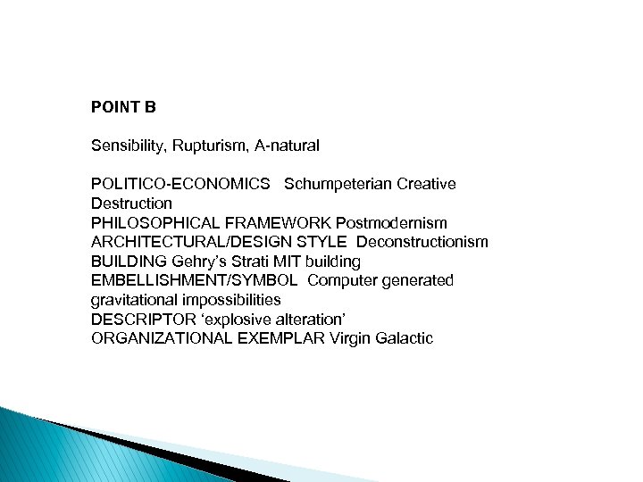 POINT B Sensibility, Rupturism, A-natural POLITICO-ECONOMICS Schumpeterian Creative Destruction PHILOSOPHICAL FRAMEWORK Postmodernism ARCHITECTURAL/DESIGN STYLE