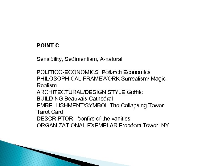 POINT C Sensibility, Sedimentism, A-natural POLITICO-ECONOMICS Potlatch Economics PHILOSOPHICAL FRAMEWORK Surrealism/ Magic Realism ARCHITECTURAL/DESIGN