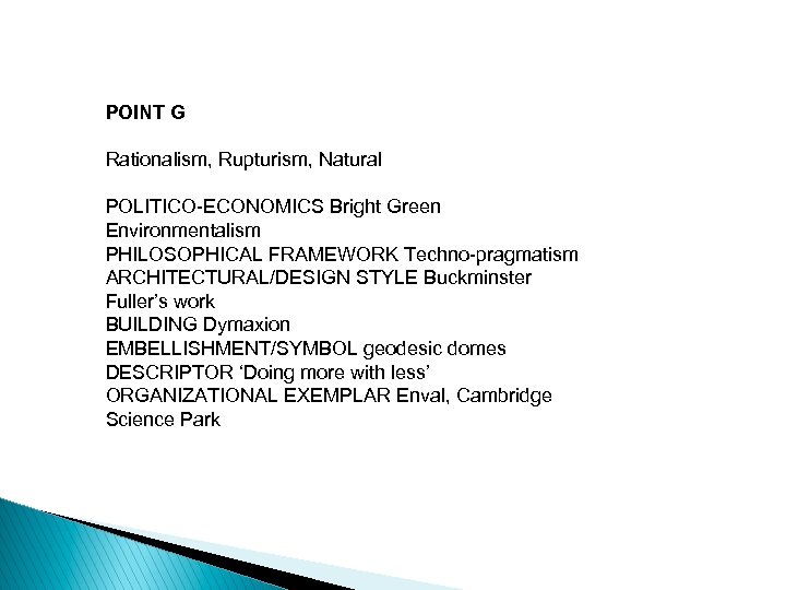 POINT G Rationalism, Rupturism, Natural POLITICO-ECONOMICS Bright Green Environmentalism PHILOSOPHICAL FRAMEWORK Techno-pragmatism ARCHITECTURAL/DESIGN STYLE