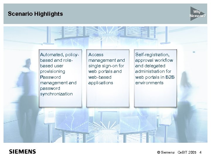 Why Siemens? Scenario Highlights Automated, policybased and rolebased user provisioning Password management and password