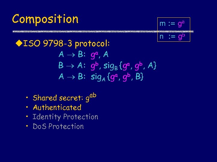 Composition u. ISO 9798 -3 protocol: A B: ga, A B A: gb, sig.