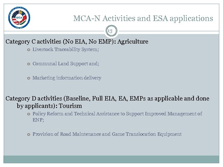 MCA-N Activities and ESA applications 13 Category C activities (No EIA, No EMP): Agriculture