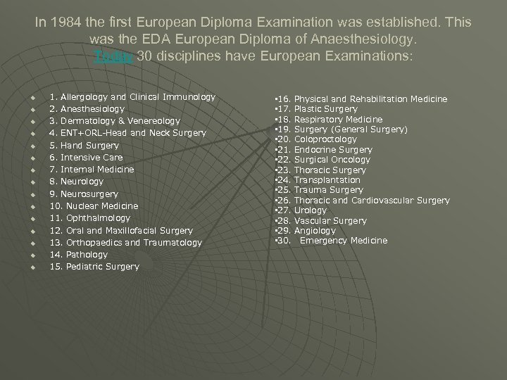 In 1984 the first European Diploma Examination was established. This was the EDA European