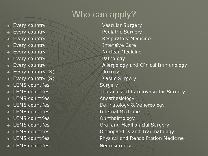 Who can apply? u Every country Vascular Surgery Every country Pediatric Surgery Every country