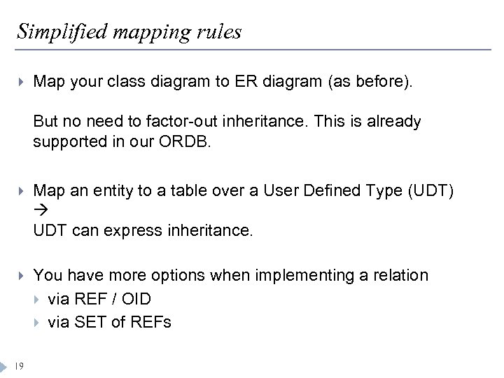 Simplified mapping rules Map your class diagram to ER diagram (as before). But no