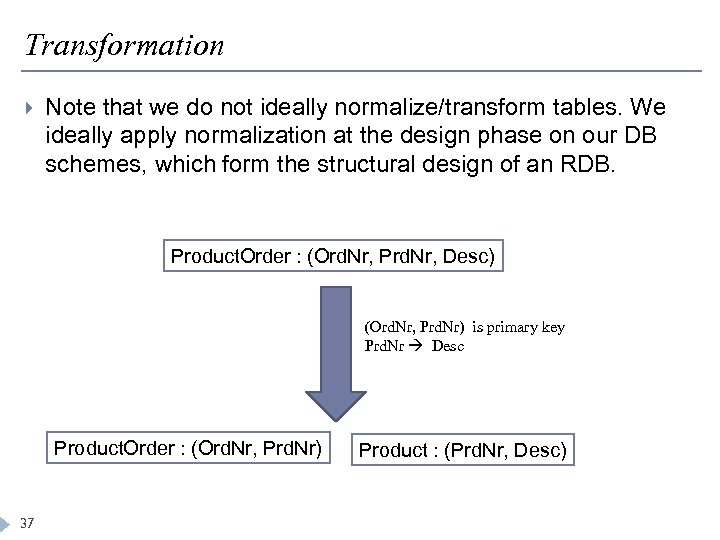 Transformation Note that we do not ideally normalize/transform tables. We ideally apply normalization at