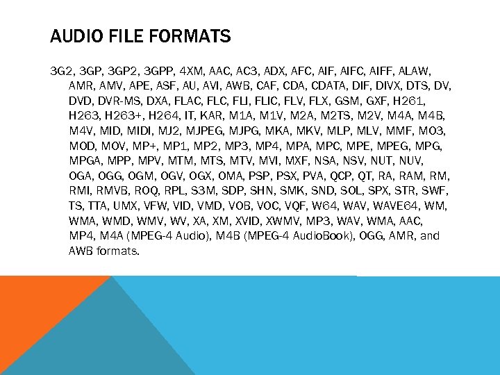 AUDIO FILE FORMATS 3 G 2, 3 GPP, 4 XM, AAC, AC 3, ADX,