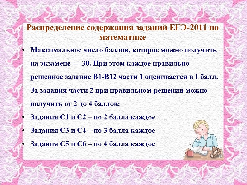 Распределение содержания заданий ЕГЭ-2011 по математике • Максимальное число баллов, которое можно получить на