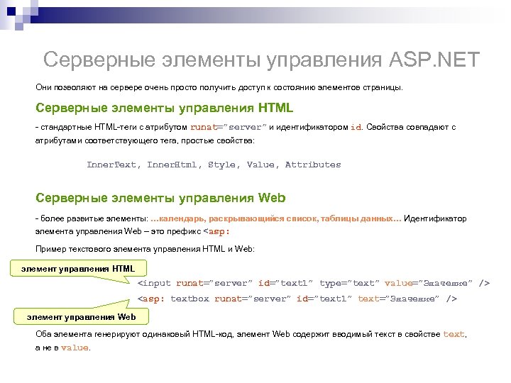Серверные элементы управления ASP. NET Они позволяют на сервере очень просто получить доступ к