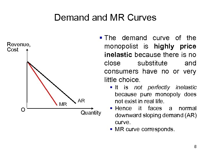 Demand MR Curves § The demand curve of the monopolist is highly price inelastic