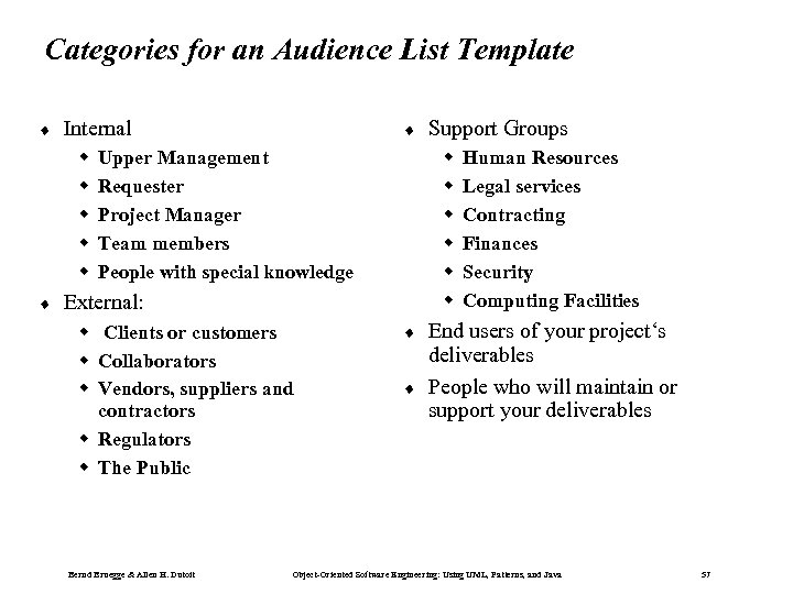 Categories for an Audience List Template ¨ Internal w w w ¨ ¨ w
