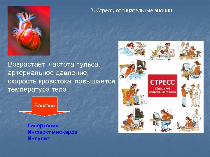 2. Стресс, отрицательные эмоции Возрастает частота пульса, артериальное давление, скорость кровотока, повышается температура тела
