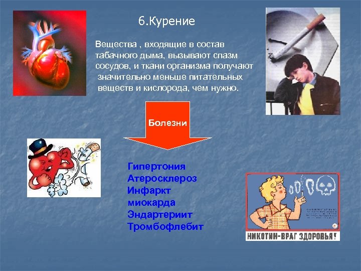 6. Курение Вещества , входящие в состав табачного дыма, вызывают спазм сосудов, и ткани