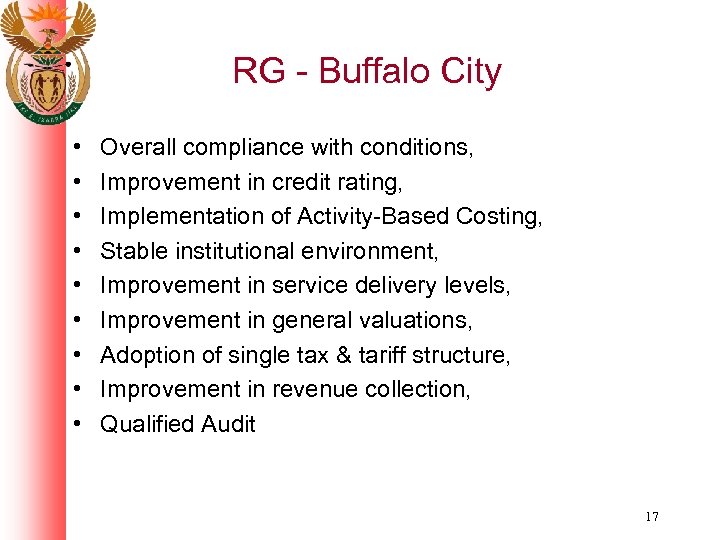 RG - Buffalo City • • • Overall compliance with conditions, Improvement in credit