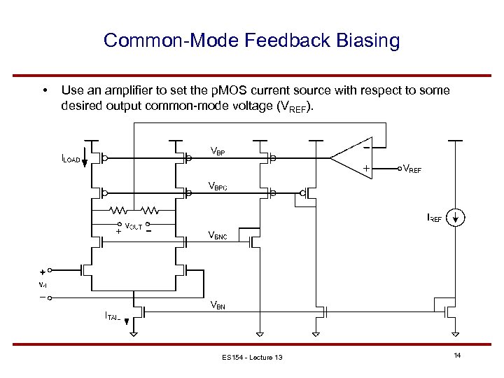 Common-Mode Feedback Biasing • Use an amplifier to set the p. MOS current source