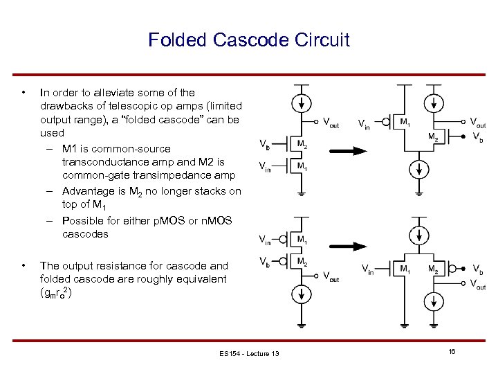 Folded Cascode Circuit • In order to alleviate some of the drawbacks of telescopic