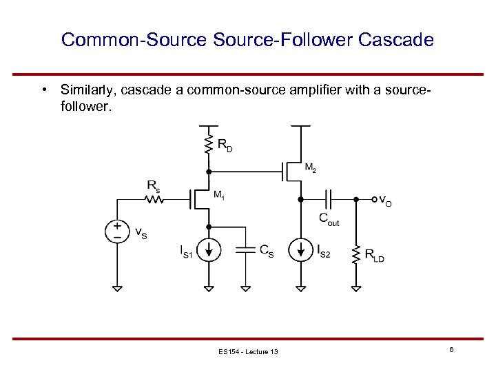 Common-Source-Follower Cascade • Similarly, cascade a common-source amplifier with a sourcefollower. ES 154 -