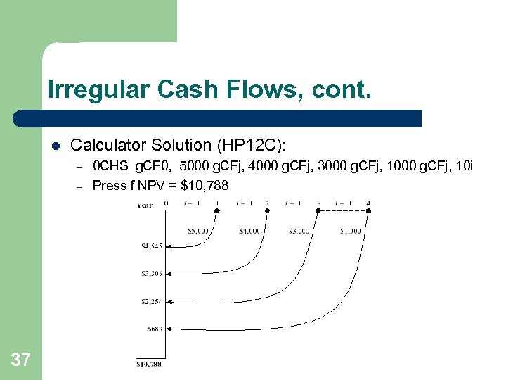 Irregular Cash Flows, cont. l Calculator Solution (HP 12 C): – – 37 0