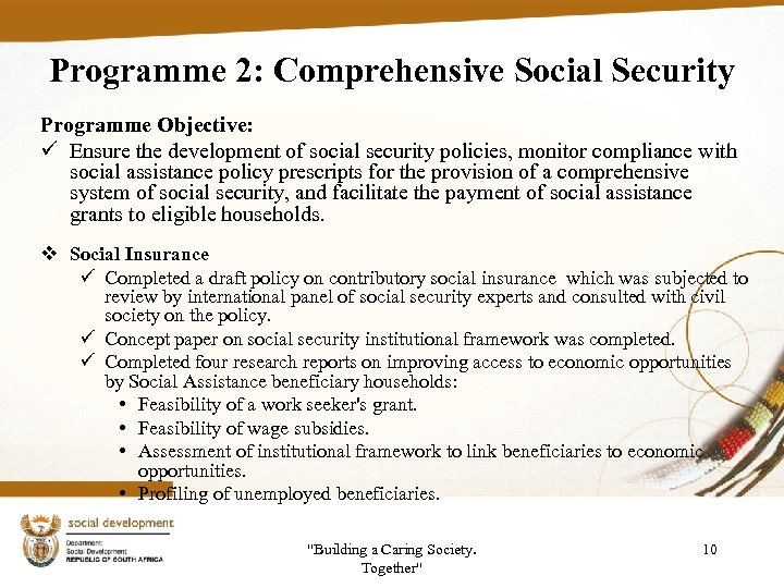 Programme 2: Comprehensive Social Security Programme Objective: ü Ensure the development of social security