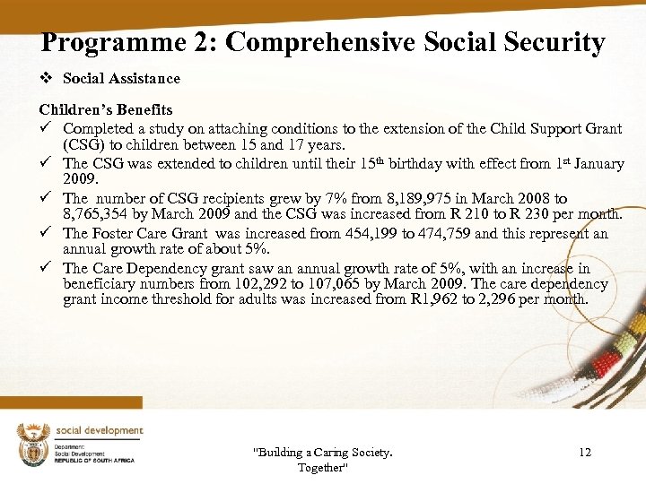 Programme 2: Comprehensive Social Security v Social Assistance Children’s Benefits ü Completed a study