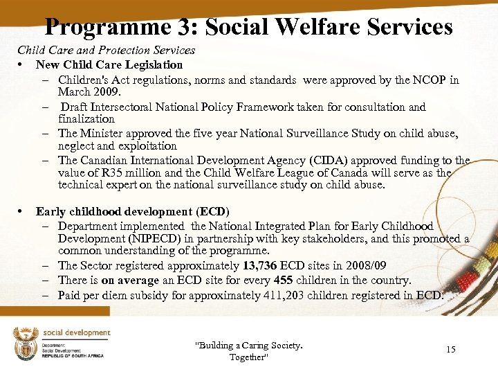 Programme 3: Social Welfare Services Child Care and Protection Services • New Child Care