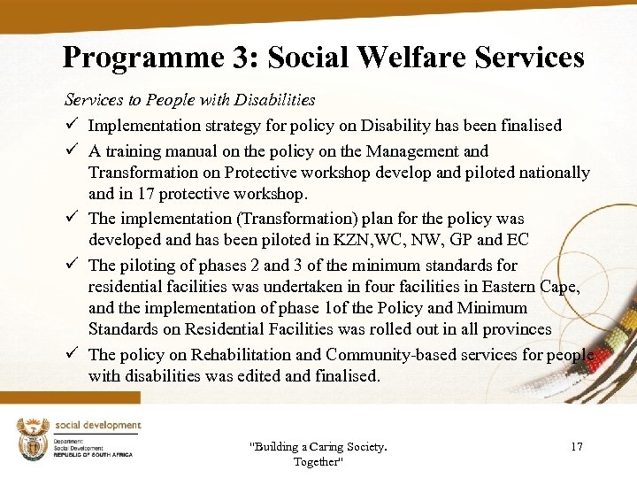 Programme 3: Social Welfare Services to People with Disabilities ü Implementation strategy for policy