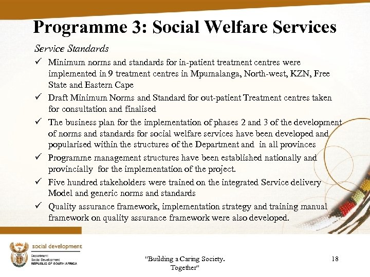 Programme 3: Social Welfare Services Service Standards ü Minimum norms and standards for in-patient