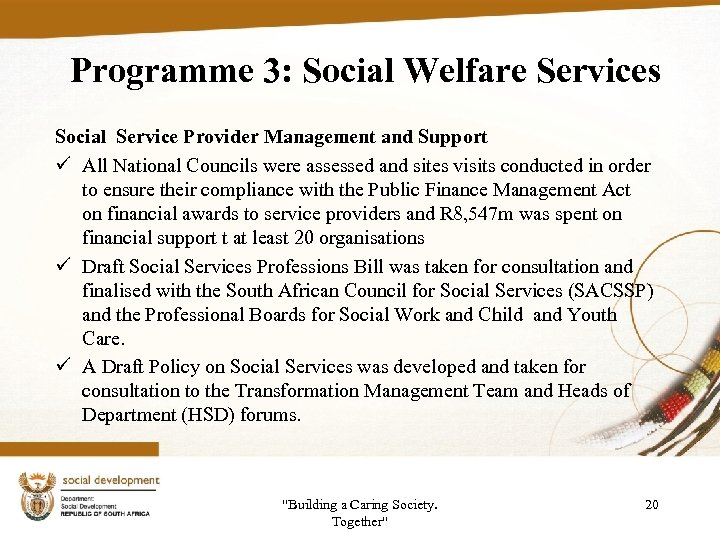 Programme 3: Social Welfare Services Social Service Provider Management and Support ü All National