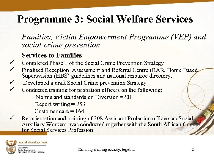 Programme 3: Social Welfare Services Families, Victim Empowerment Programme (VEP) and social crime prevention