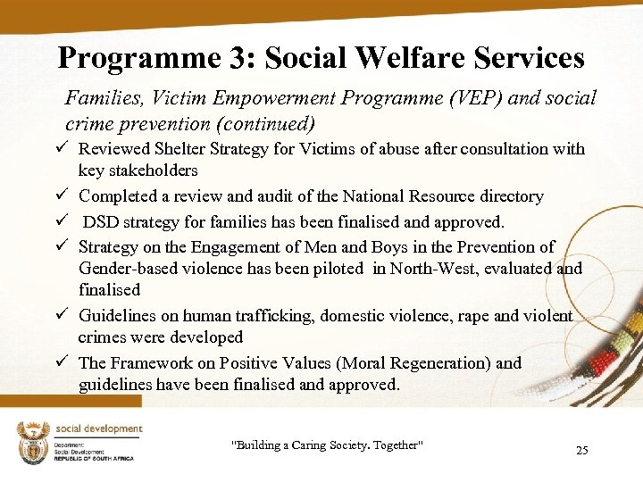 Programme 3: Social Welfare Services Families, Victim Empowerment Programme (VEP) and social crime prevention