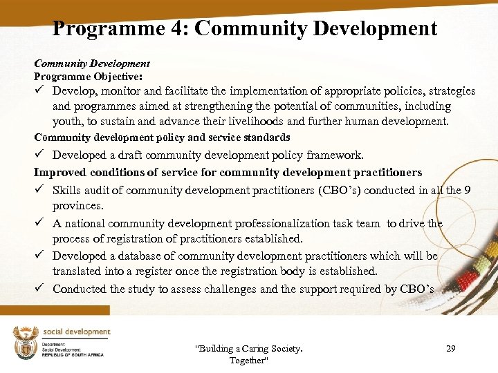 Programme 4: Community Development Programme Objective: ü Develop, monitor and facilitate the implementation of