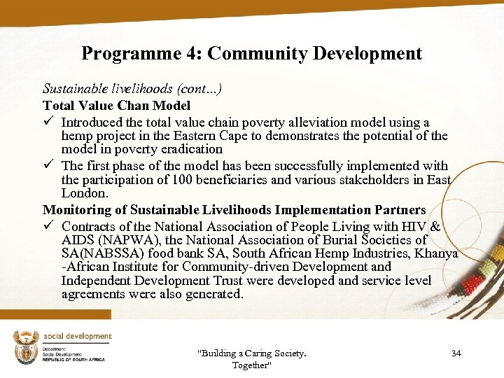 Programme 4: Community Development Sustainable livelihoods (cont…) Total Value Chan Model ü Introduced the