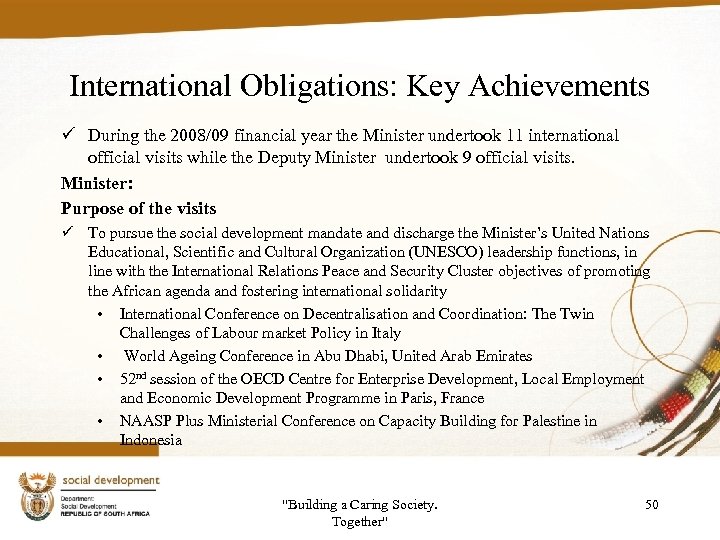 International Obligations: Key Achievements ü During the 2008/09 financial year the Minister undertook 11