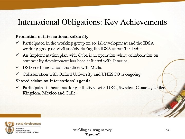 International Obligations: Key Achievements Promotion of international solidarity ü Participated in the working group