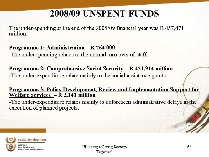 2008/09 UNSPENT FUNDS The under-spending at the end of the 2008/09 financial year was