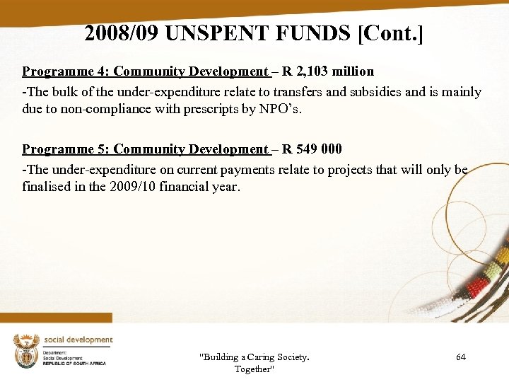 2008/09 UNSPENT FUNDS [Cont. ] Programme 4: Community Development – R 2, 103 million