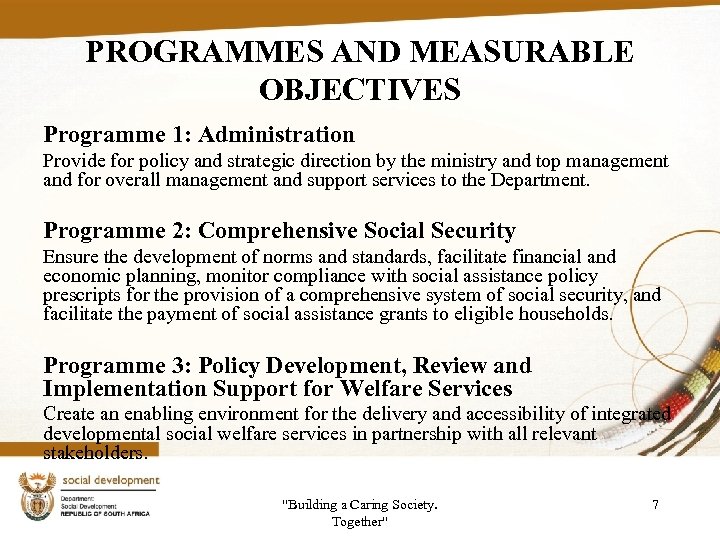 PROGRAMMES AND MEASURABLE OBJECTIVES Programme 1: Administration Provide for policy and strategic direction by