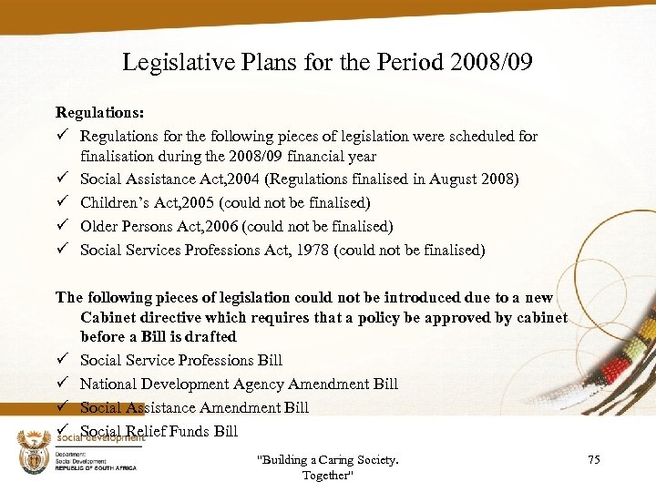 Legislative Plans for the Period 2008/09 Regulations: ü Regulations for the following pieces of